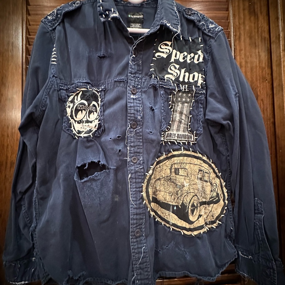 Men's Blue Graphic Distressed patch style Long sleeve shirt